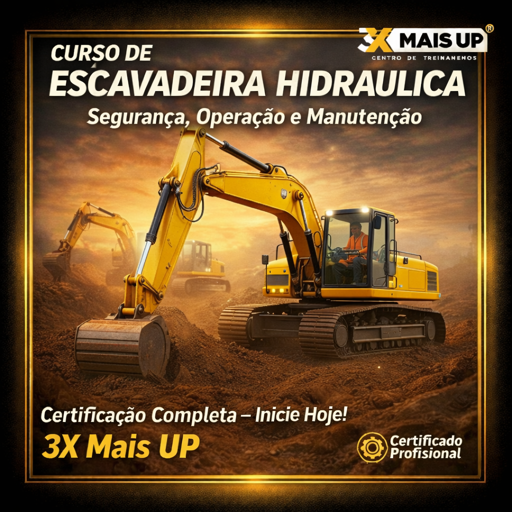 Curso de escavadeira hidráulica da 3X MAIS UP com aula prática, ensinando operação segura, manutenção e técnicas profissionais para formação de operadores.