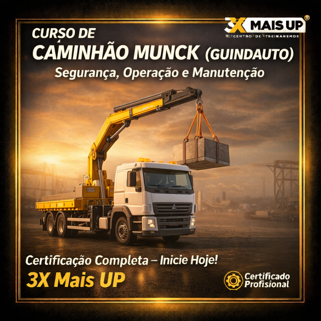 Curso de caminhão Munck (guindauto) da 3X MAIS UP com aula prática de operação, içamento de cargas e técnicas de segurança para formação de operadores profissionais.