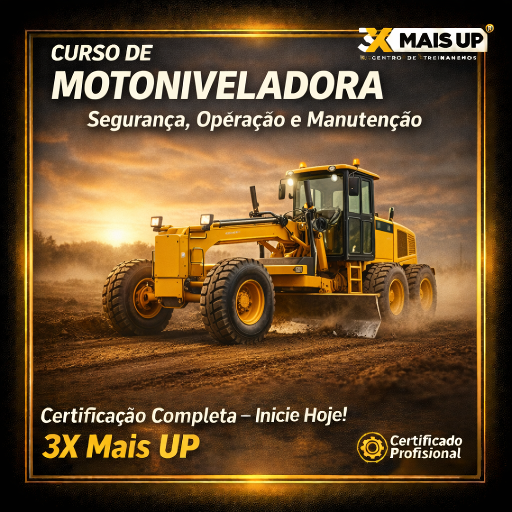 Curso de motoniveladora da 3X MAIS UP com aula prática de nivelamento de solo, operação segura e técnicas profissionais para formação de operadores.