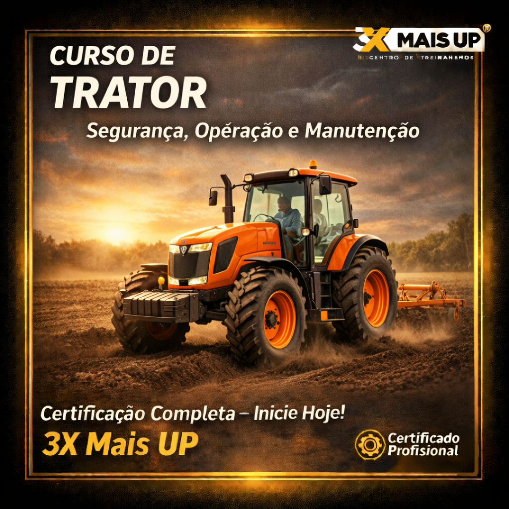 Curso de trator da 3X MAIS UP com aula prática de operação, preparo do solo e técnicas profissionais para formação de operadores com certificação.