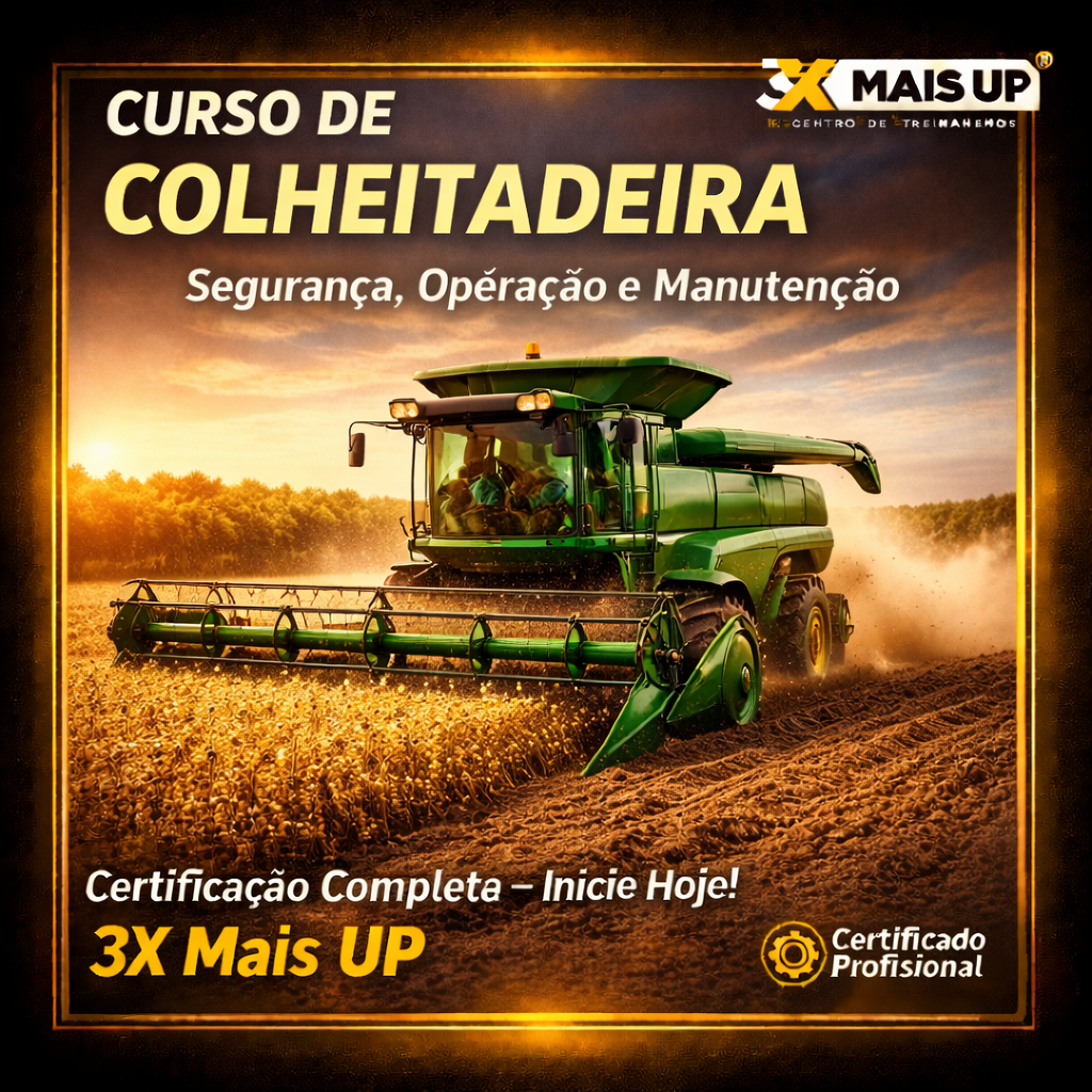 Máquina colheitadeira colhendo soja em lavoura, representando treinamento prático do curso de operador de colheitadeira da 3X MAIS UP com certificação profissional.